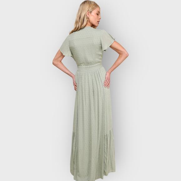 Lulus Sage Green Swiss Dot Maxi Dress XXS Button Front V-Neck Cottagecore - Picture 7 of 9